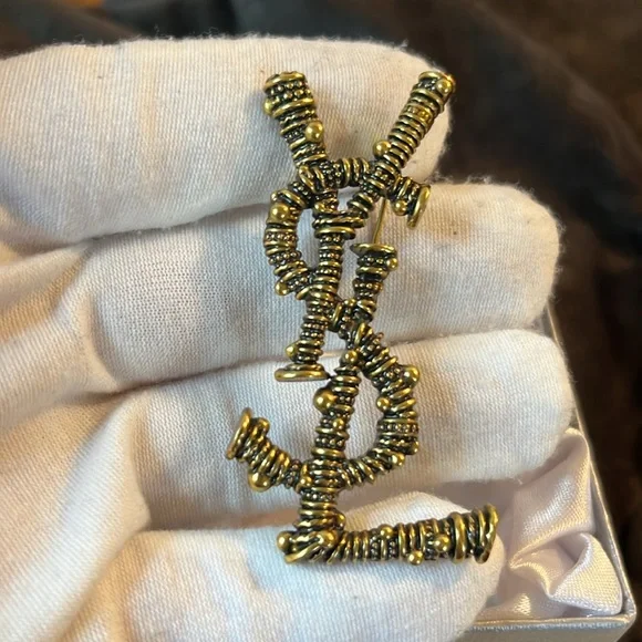 Vintage Dark Gold Tone Bead Textured Design YSL Brooch 2.5” - Picture 4 of 4